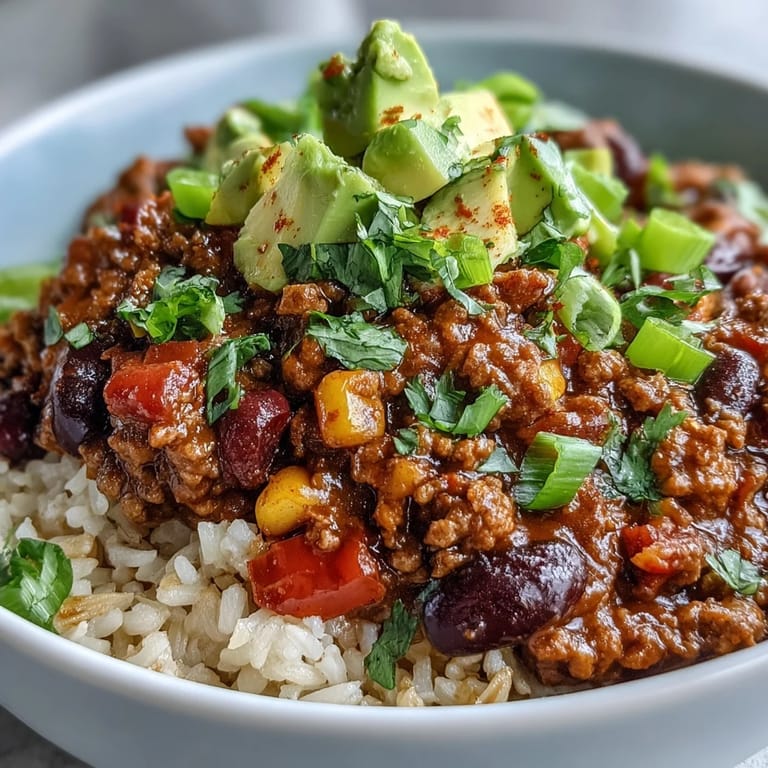 Ground beef chili topped with sour cream, green onions, and diced avocado in a rustic bowl.