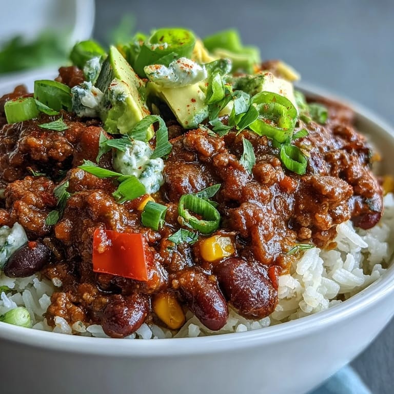 Spicy Chili Bowl Base with beans and corn ladled over grains, garnished with cilantro and jalapeños.