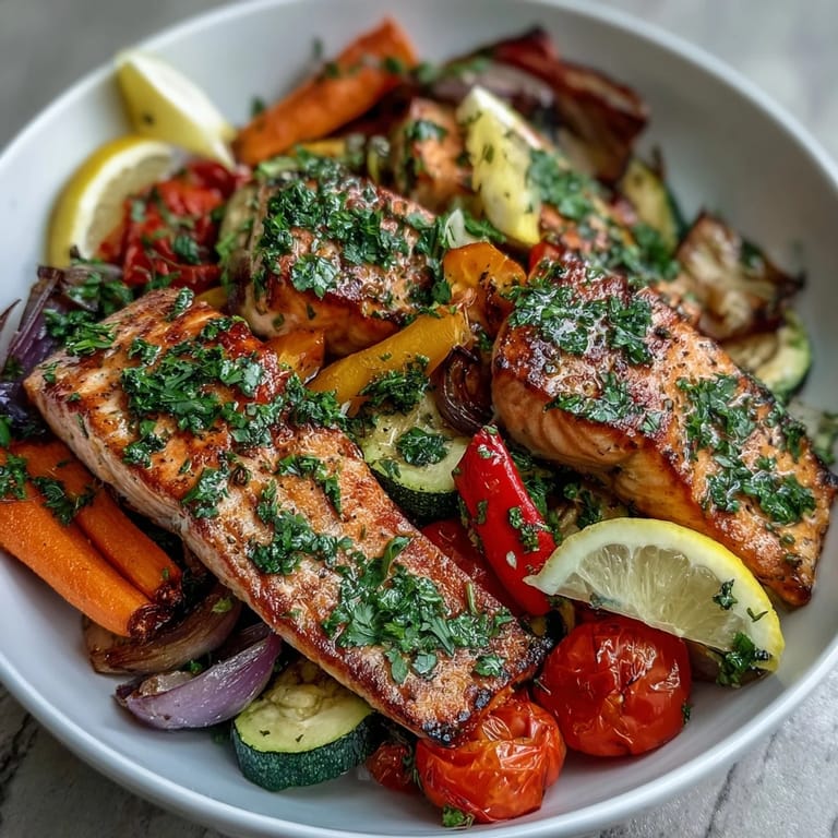 Healthy gluten-free Sheet Pan Salmon and Veggies Bowl served hot, featuring tender salmon and roasted vegetables, ideal for a quick weeknight dinner.