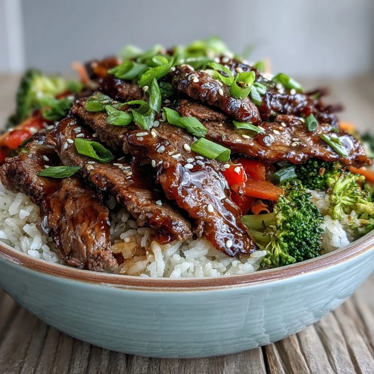 Generous serving of Teriyaki Beef Bowl with juicy meat, crisp vegetables, and steamed white rice, ready to enjoy on a colorful dinner table.