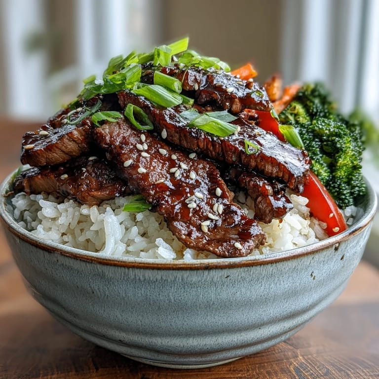Steam rises invitingly from a savory Teriyaki Beef Bowl topped with sesame seeds and fresh green onions, perfect for a quick weeknight dinner.