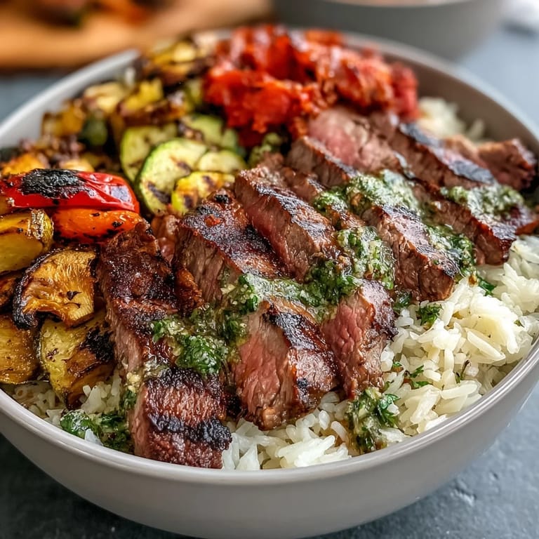 Served in a shallow ceramic bowl, this hearty Grilled Steak Bowl features juicy steak slices, rice, roasted vegetables, and a generous garnish of fresh parsley.