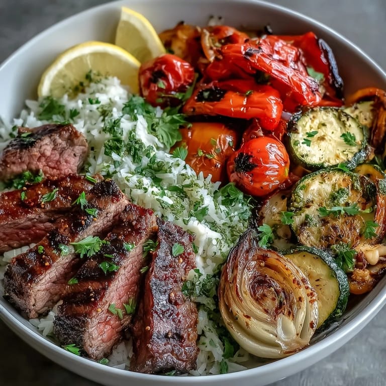 This vibrant steak and veggie bowl features tender sirloin, caramelized peppers, zucchini, and tomatoes served over jasmine rice.