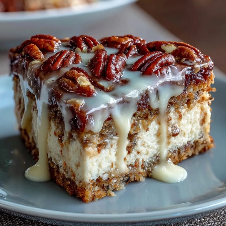 Layered carrot and walnut cake with spiced cream cheese frosting, garnished with edible flowers for spring.