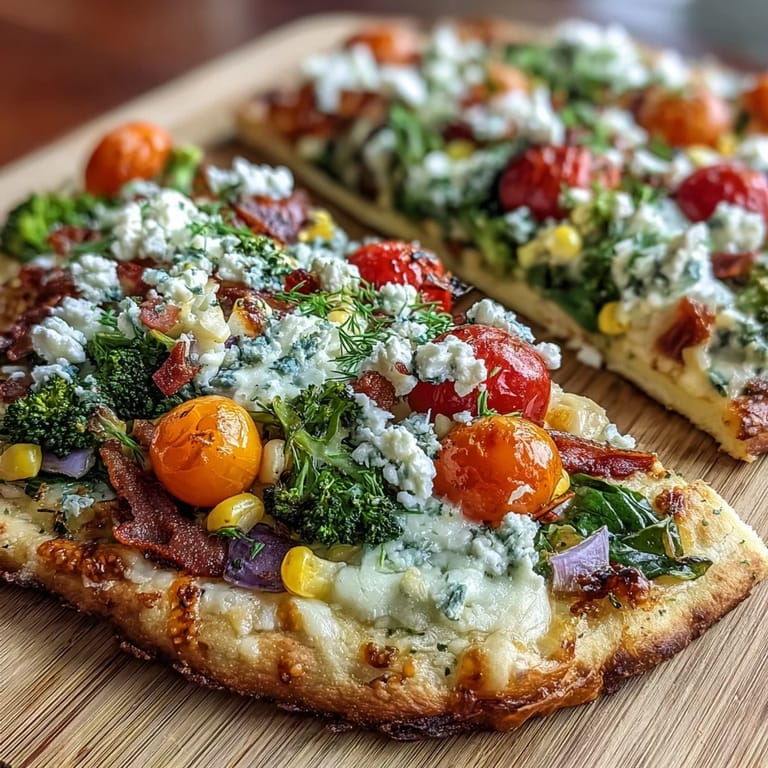 Festive St. Patrick's Day Rainbow Veggie Flatbread Pizza featuring layers of fresh mozzarella, feta, and a spectrum of crisp vegetables on toasted flatbread.