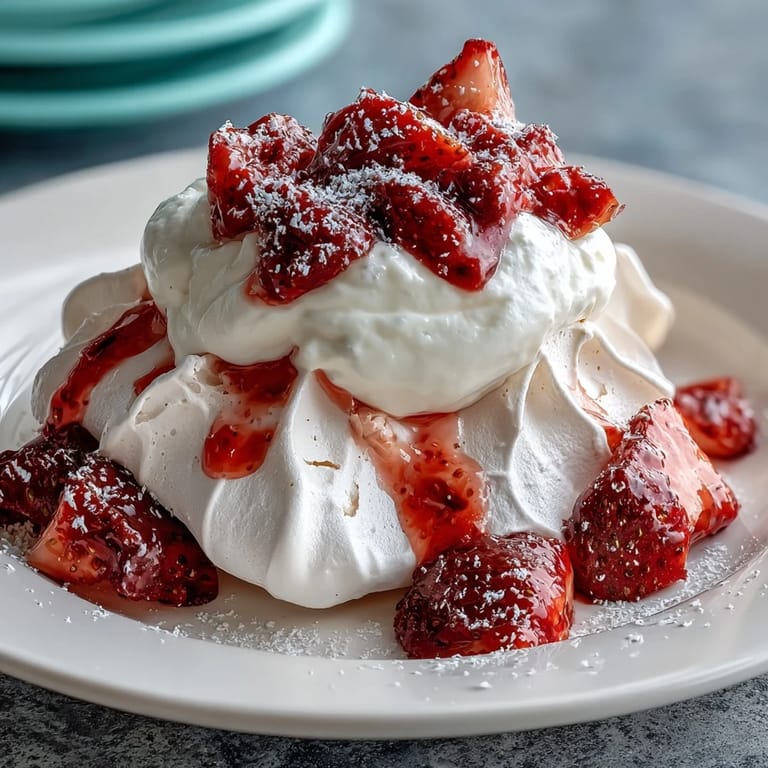 Elegant individual pavlovas with light, airy meringue, fresh strawberries, and billowy whipped cream topping.