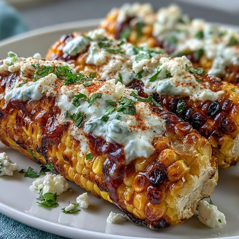Warm elote-style corn coated in creamy sauce, topped with crumbled Cotija and fresh cilantro for a zesty treat.