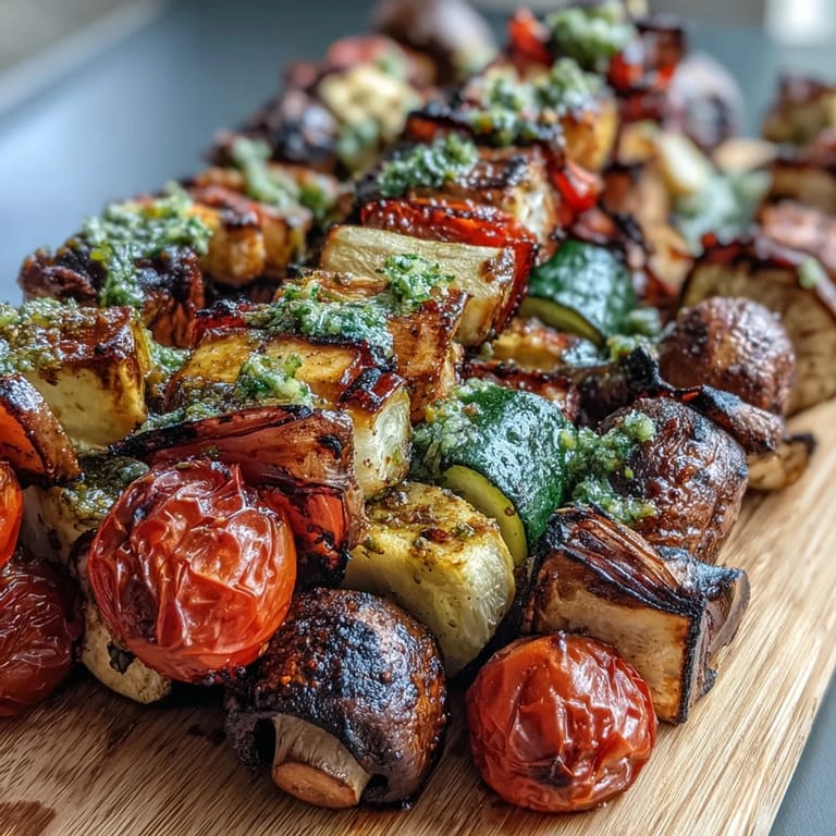Colorful summer grilled veggie skewers with chimichurri, featuring charred zucchini, peppers, and mushrooms.