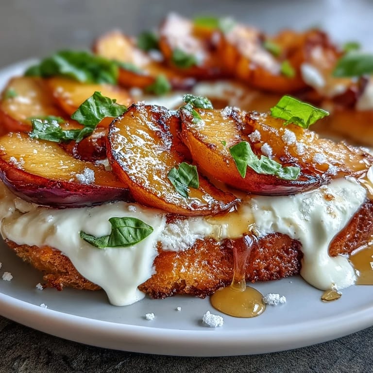 Rustic sourdough topped with juicy peach slices, burrata cheese, and a drizzle of honey for a vibrant brunch toast.