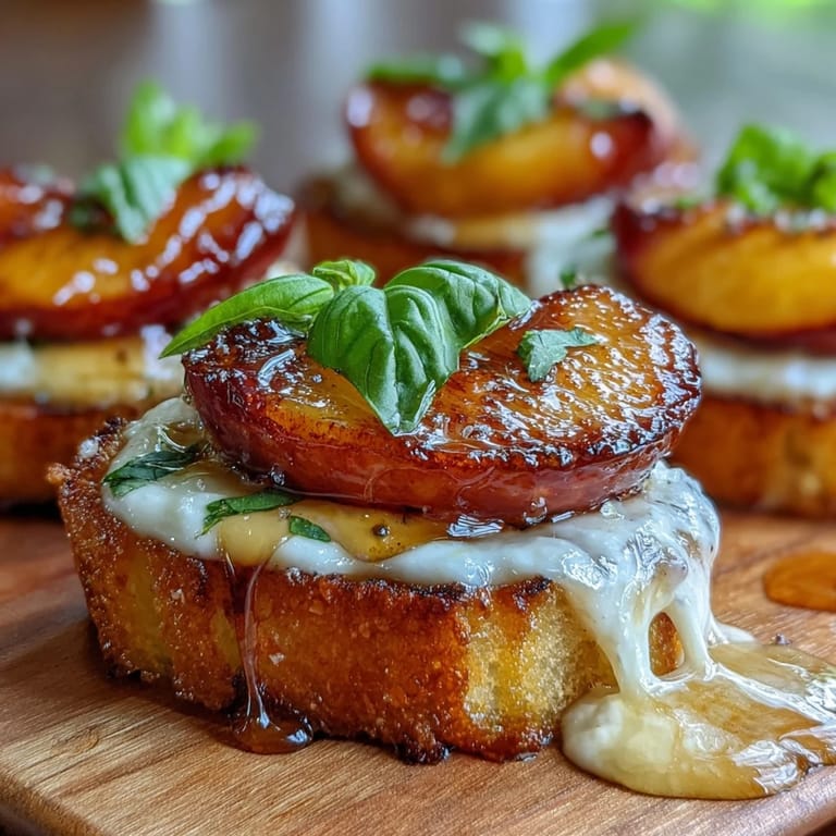 Elegant honey peach burrata toast with fresh basil and olive oil, ideal for a light and flavorful spring meal.