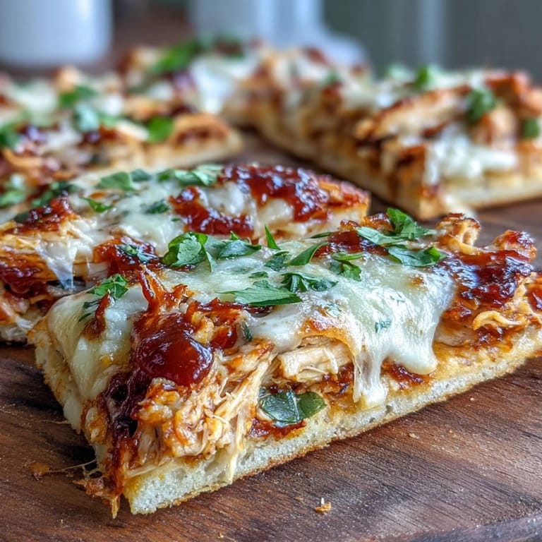 Gooey BBQ chicken flatbread pizza topped with fresh cilantro and jalapeño slices, perfect for summer gatherings or weeknight dinners.