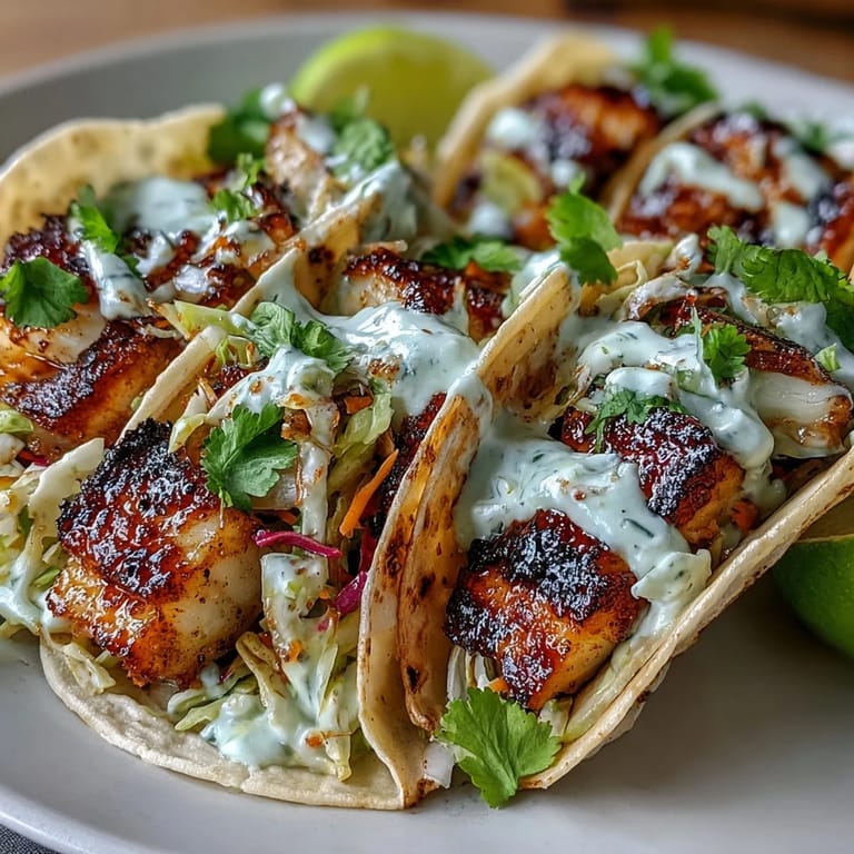Tender grilled white fish marinated in coconut milk and lime, layered with vibrant slaw and drizzled with creamy coconut-lime sauce for a refreshing summer meal.