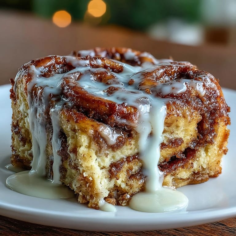 Decadent breakfast casserole featuring cinnamon roll flavors, topped with a luscious cream cheese glaze.