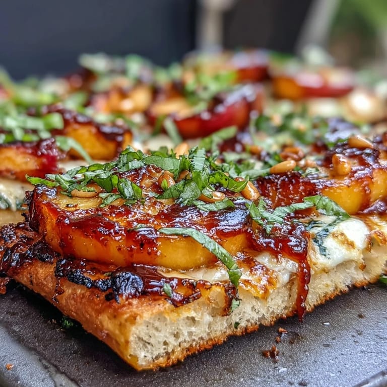 BBQ peach and Brie flatbread on the grill, topped with caramelized onions and fresh basil.