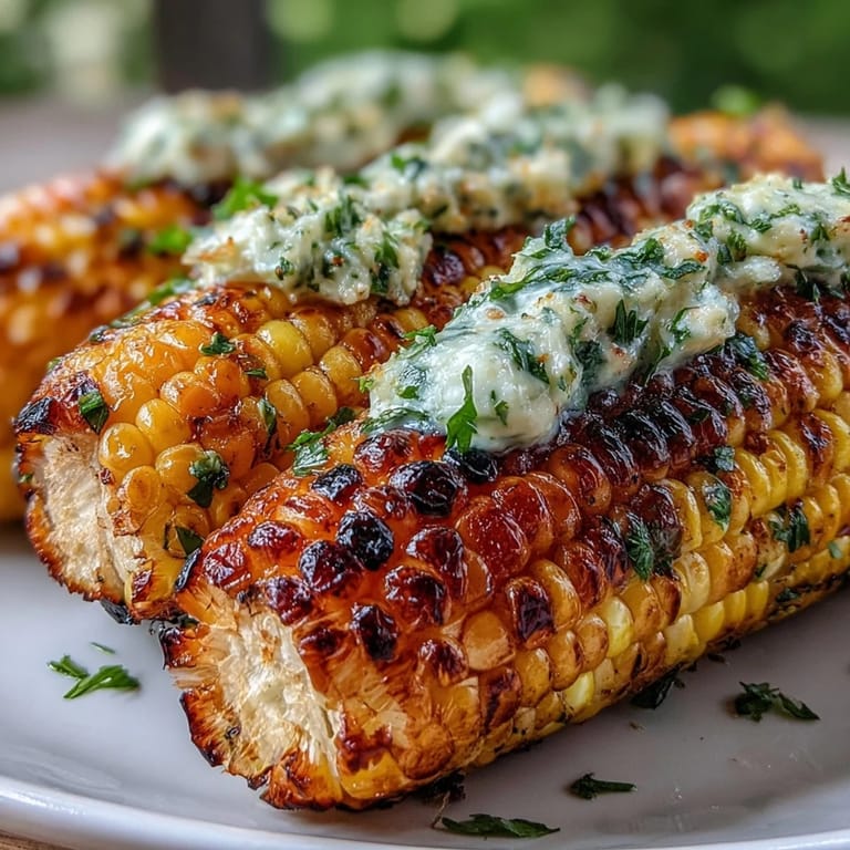 Platter of char-kissed corn with four delightful, fresh herb butter options.