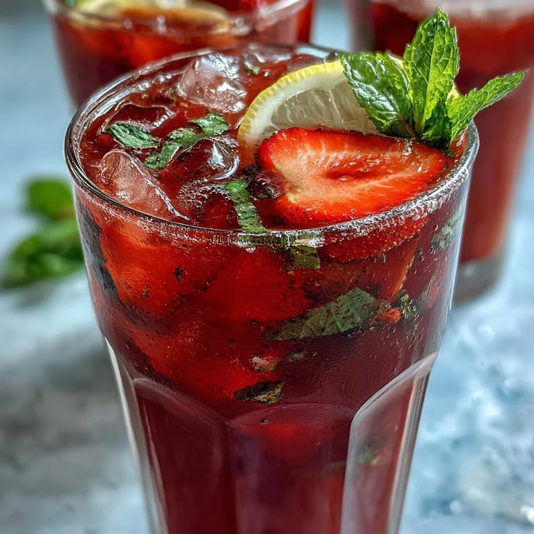 Refreshing Hibiscus Strawberry Lemonade, a sweet and tart ruby-red summer sipper.