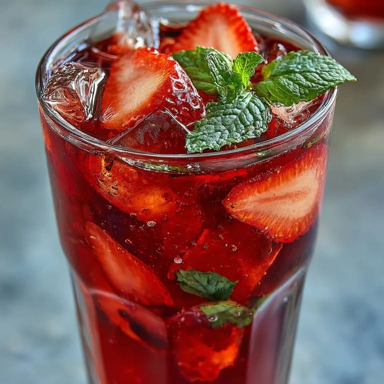 Enjoy this beautiful Juneteenth Red Drink: Hibiscus Strawberry Lemonade over ice.