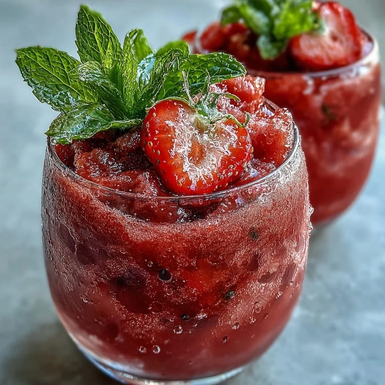 Vibrant, slushy Watermelon Mint Frosé (Frozen Rosé Mocktail) garnished with fresh mint leaves.