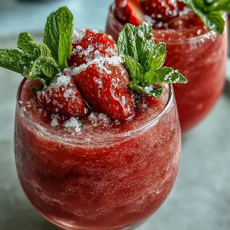 Close-up of a frosted glass filled with delicious, ice-cold Watermelon Mint Frosé (Frozen Rosé Mocktail).