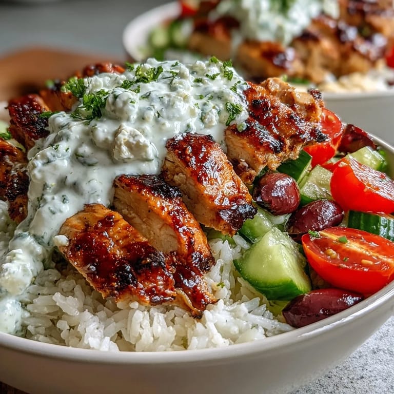 Deliciously seasoned chicken atop rice with fresh veggies makes Greek Chicken Bowls.