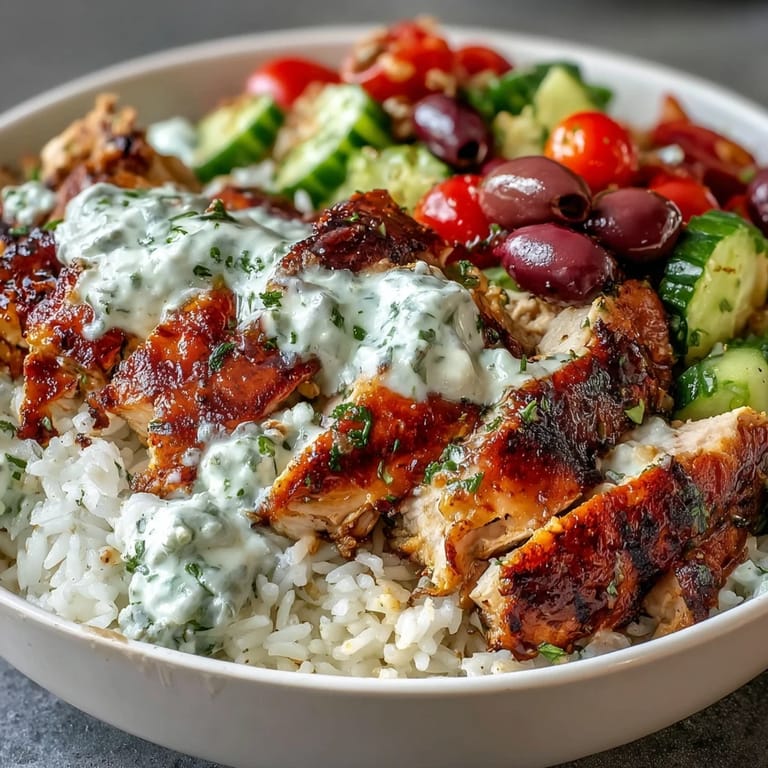 Hearty Greek Chicken Bowls, a refreshing healthy meal with Mediterranean flavors.