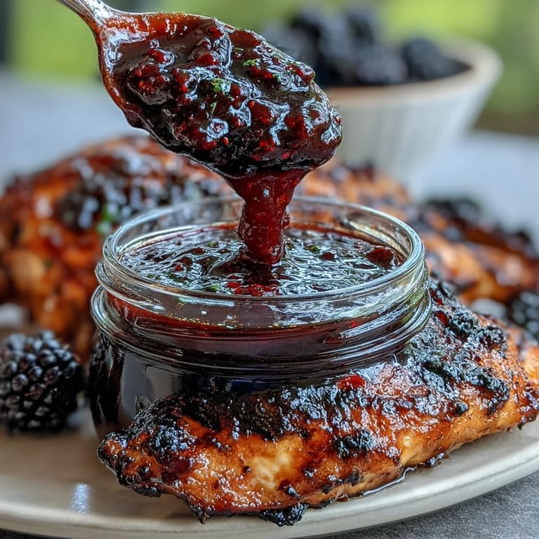 Tangy, homemade Blackberry Jalapeño BBQ sauce with a spicy kick, perfect for dipping.