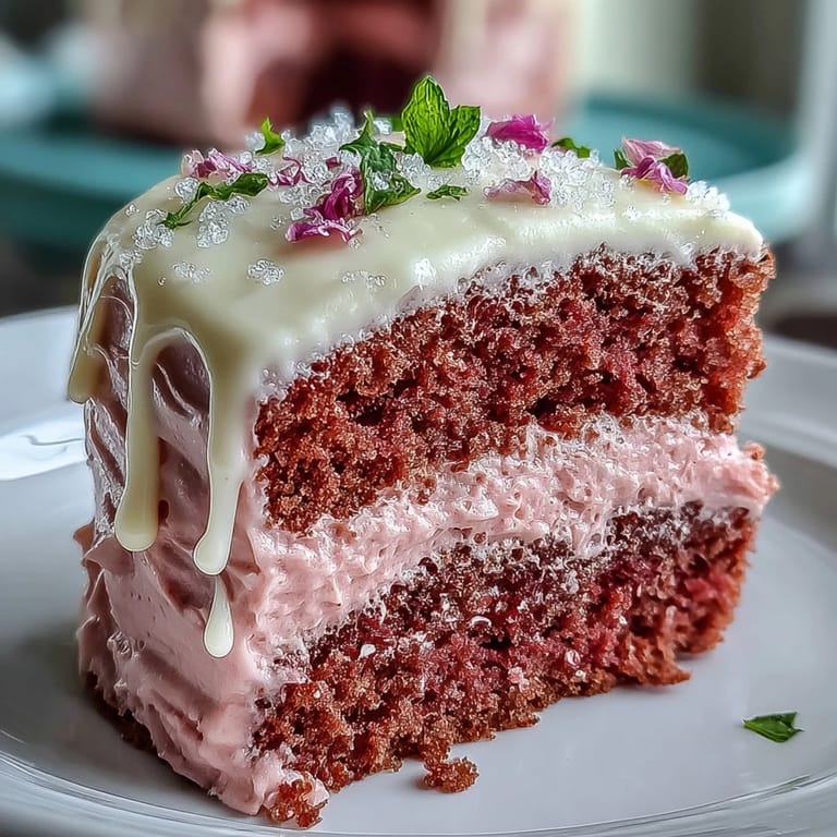 A decadent Rosé Velvet Cake featuring a delicate pink hue and gold accents.