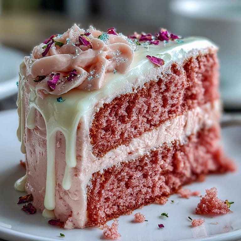 Rich Bridal Shower Rosé Velvet Cake, sumptuously frosted, crowned with shimmering gold.