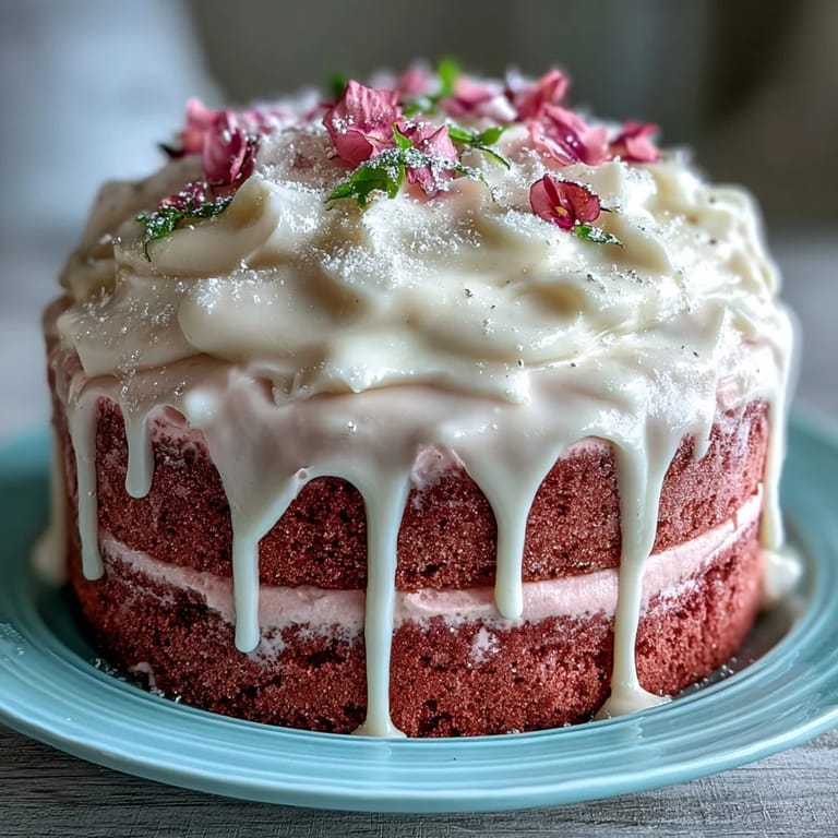 Soft blush Rosé Velvet Cake, frosted and drizzled, perfect for celebrations.