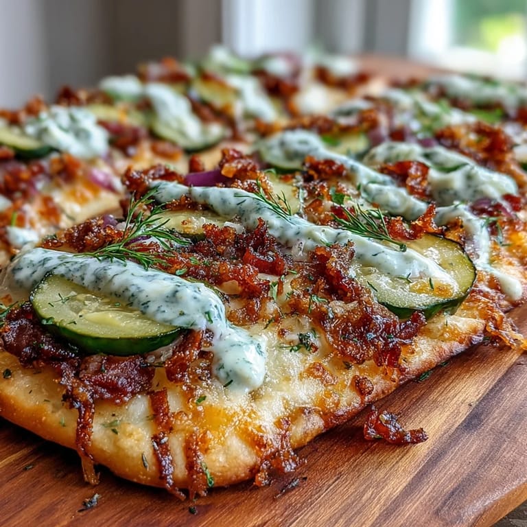 Our easy pickle pizza flatbread offers a delicious bite with creamy garlic ranch.