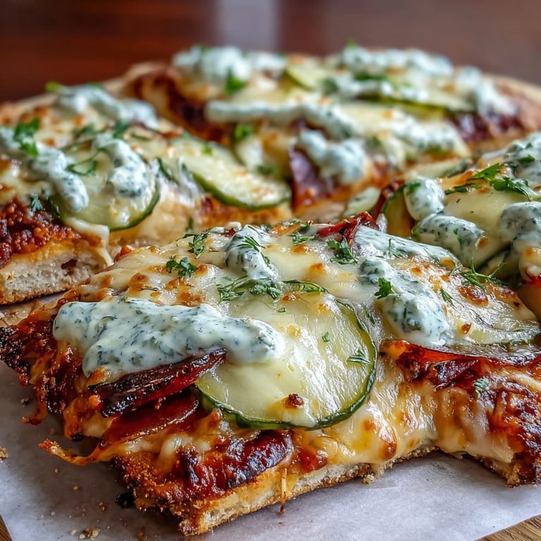 Close-up of a pickle pizza flatbread, golden crust, bubbling cheese, and ranch drizzle.