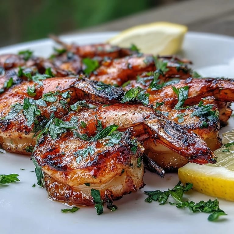 Visually appealing honey garlic shrimp skewers with fresh parsley garnish, a feast.