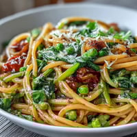 A steaming bowl of Spring Veggie One-Pot Spaghetti with peas, spinach, and cherry tomatoes, garnished with fresh basil and grated Parmesan cheese.  