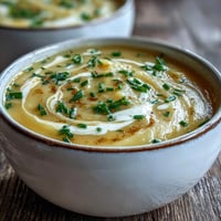 Creamy potato leek soup in a rustic bowl, garnished with fresh chives and a swirl of cream.