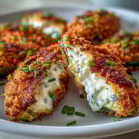 Golden-brown Air Fryer Jalapeño Poppers with bubbling cheese filling and crispy breadcrumb topping on a platter.