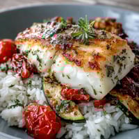 Pan-Seared Fish Bowl with flaky white fish, golden sear, fluffy rice, and colorful roasted vegetables.