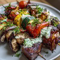Colorful summer grilled veggie skewers with chimichurri, featuring charred zucchini, peppers, and mushrooms.