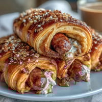 Mini Pigs in a Blanket with Dipping Sauce, golden crescent-wrapped sausages baked to perfection and served with tangy mustard-honey sauce.  