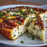 Fluffy spring frittata with tender asparagus and creamy goat cheese, baked until golden and topped with fresh herbs.