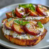 Creamy burrata and sweet honey-drizzled peaches on golden toast, perfect for a fresh spring brunch.