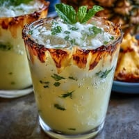 A vibrant glass of pineapple coconut agua fresca with fresh pineapple wedges and mint garnish, perfect for summer refreshment.