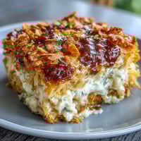 Golden baked hash brown casserole with bubbling cheese and crispy cornflake topping in a white baking dish.