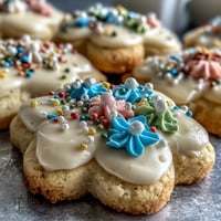 1. Delicate flower-shaped shortbread cookies with vibrant royal icing, perfect for spring celebrations.  