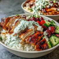 Vibrant Greek Chicken Bowls with creamy tzatziki and hummus, perfect for lunch.
